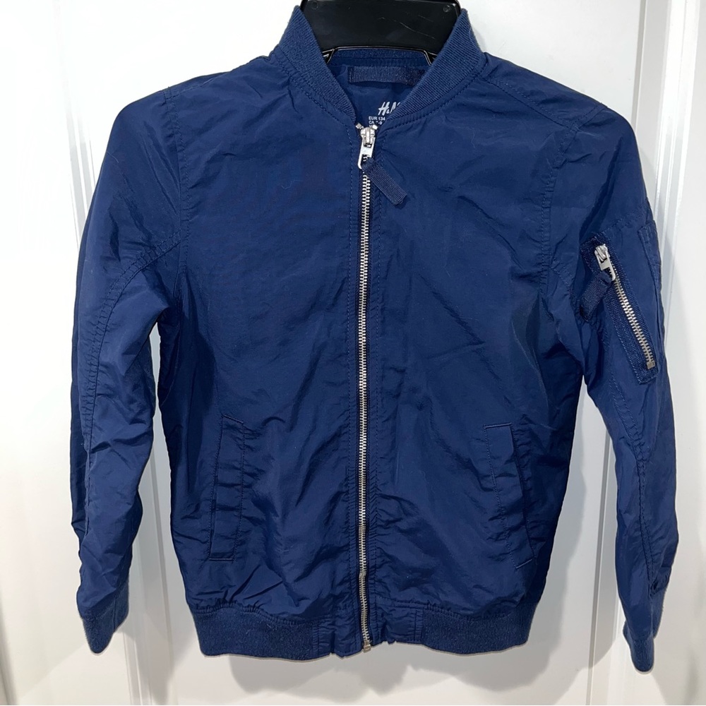 H & M Windbreaker full zip Jacket Boys Size 8-9Y navy blue zip on sleeve